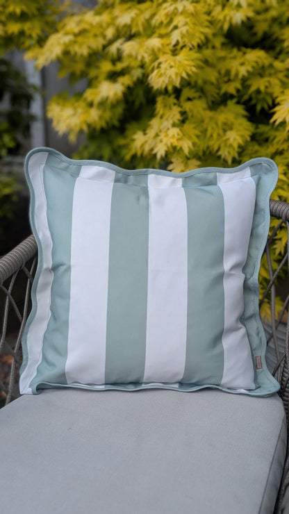 Outdoor Sage Stripe Scalloped Edge Cushion