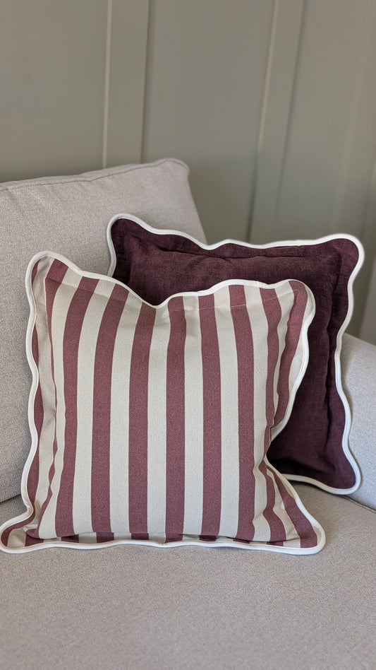 Plum Striped Scallop Edged Cushion Cover