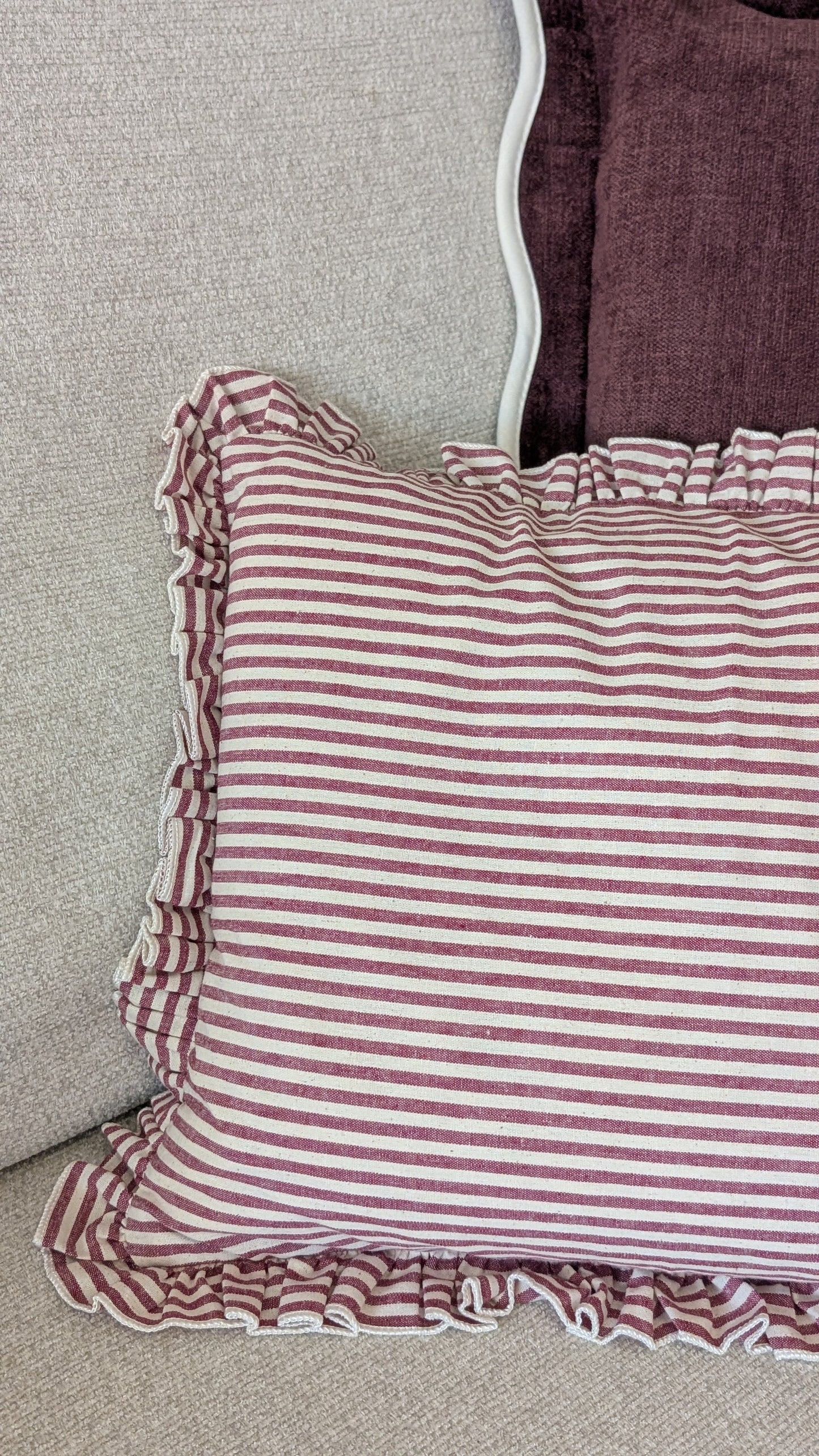 Burgundy Striped Ruffle Edged Cushion Cover