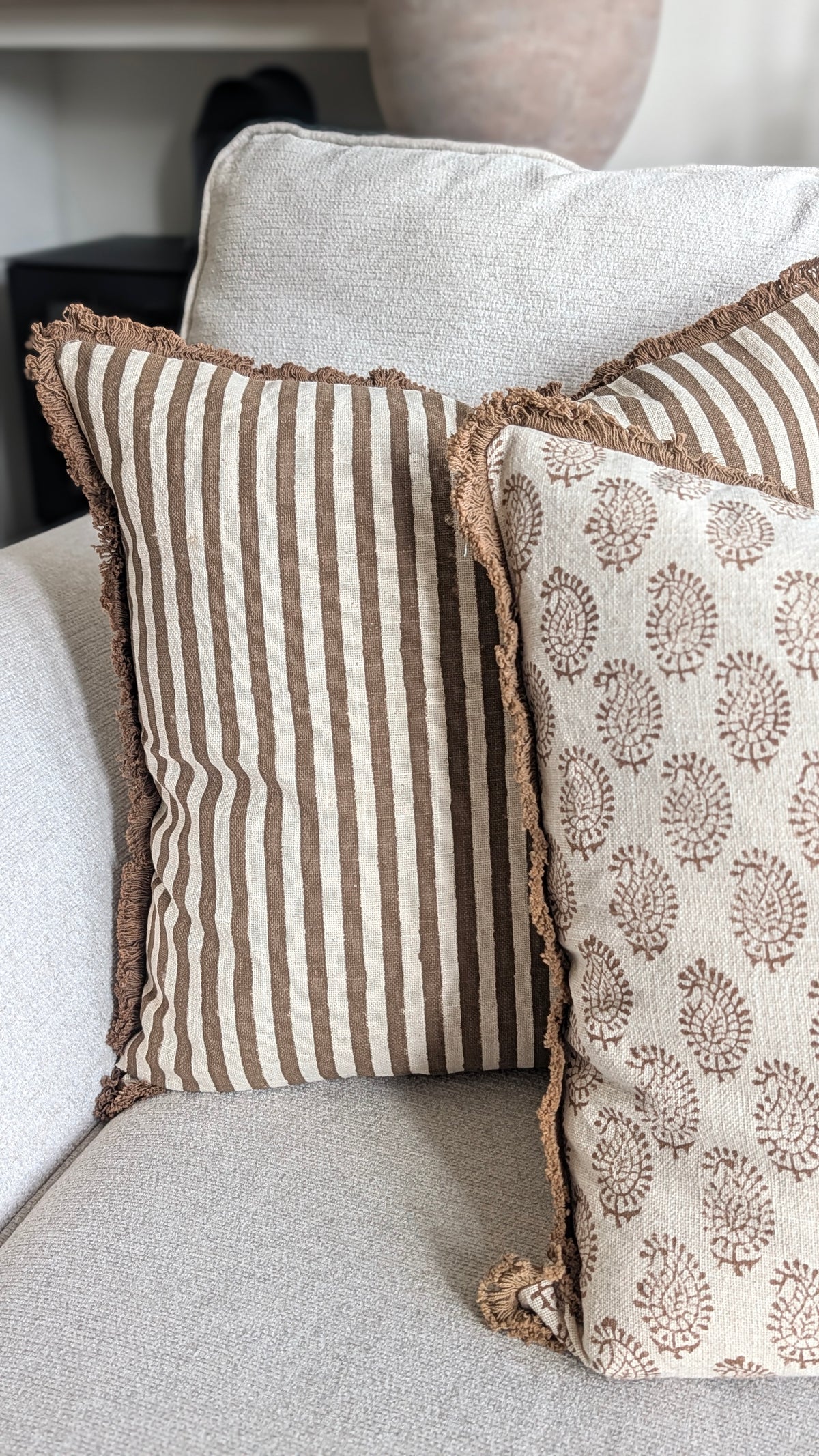 Brown and Oatmeal Fringed Cushion cover