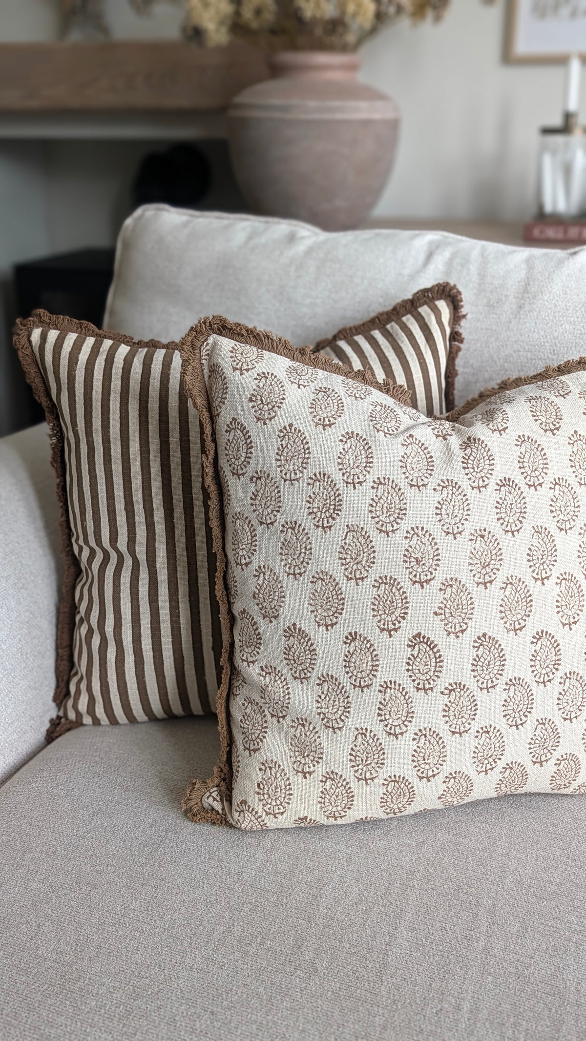 Brown and Oatmeal Fringed Cushion cover