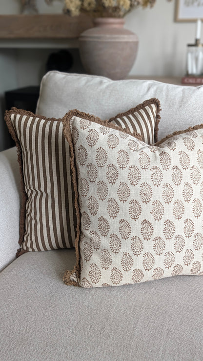 Brown and Oatmeal Fringed Cushion cover