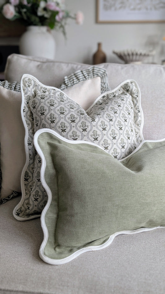 Sage Green Scallop Edged Rectangular Cushion Cover