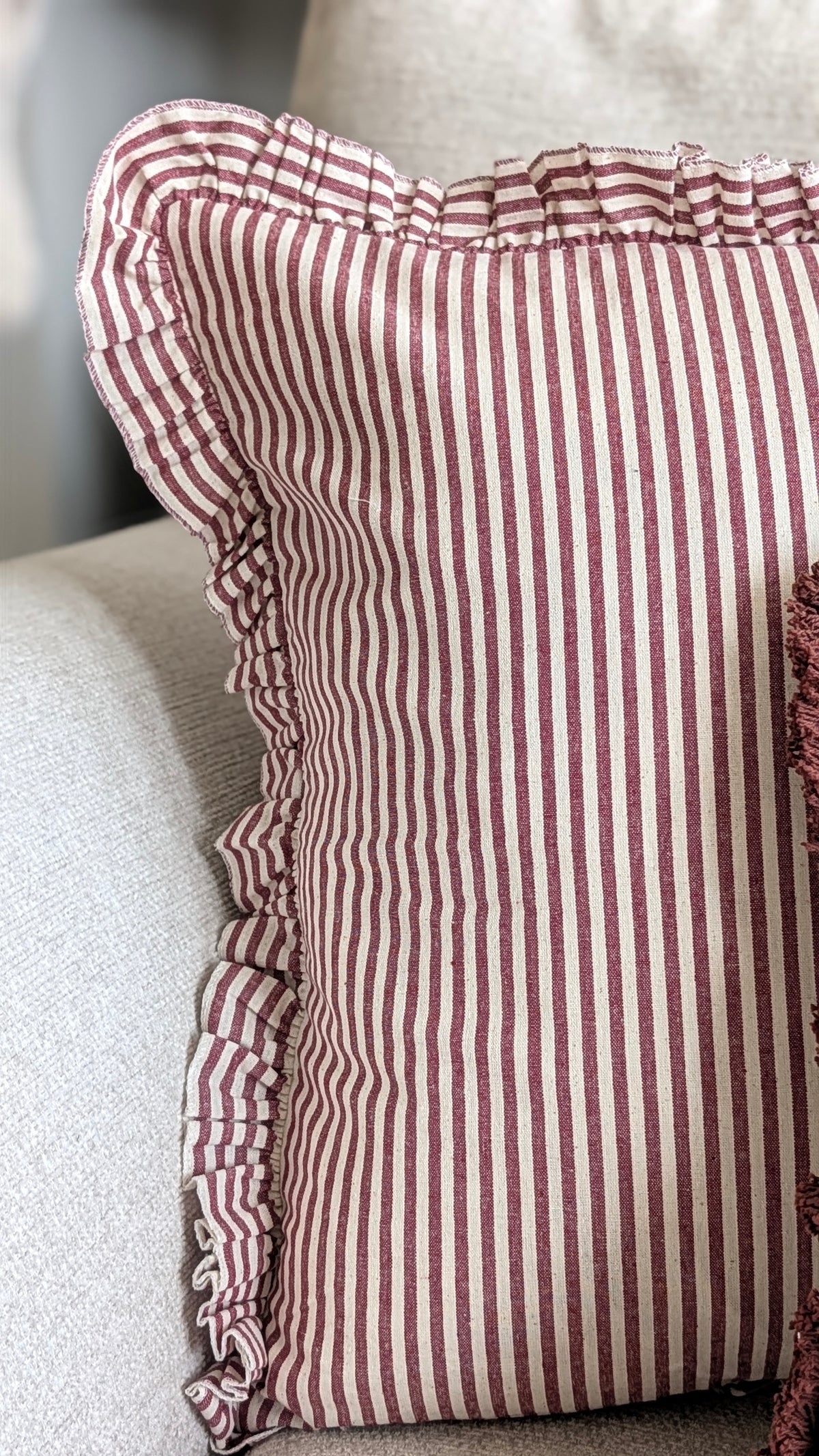 Burgundy stripe Ruffle Edge Cushion Cover
