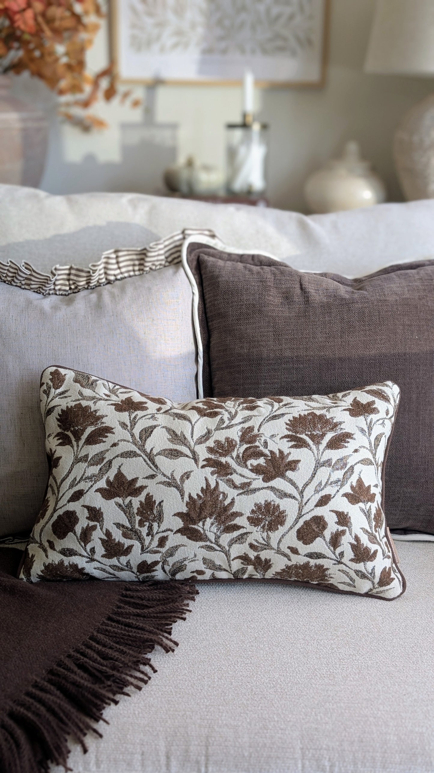 Brown Floral print Cushion Cover