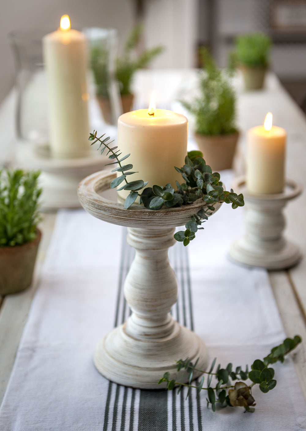 White Wooden Pillar Candle Holder