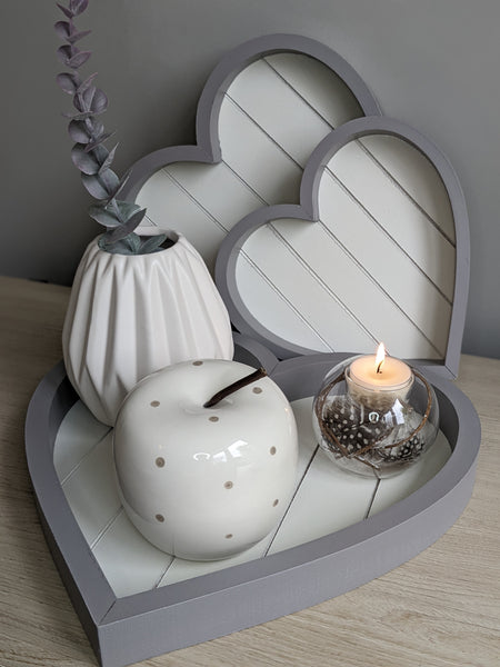 Set of 3 Grey and White Heart Trays