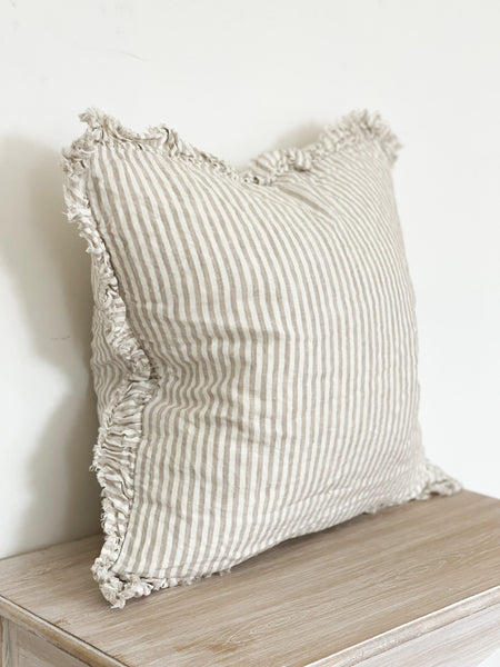 Ruffled Linen Beige Stripe Cushion Cover